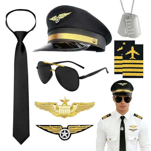 8PCS Flieger Verkleidung Accessoires,Pilot Kapitän Kostüm Zubehör,mit Pilotenmütze Pin Krawatte Abzeichen Schulterriemen Sonnenbrille Halskette,Pilot Kostüm Zubehör,für Karneval Fasching Cosplay