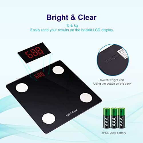GRIFEMA GA2001 Weighing Scales for Body Weight and Fat, Digital Bathroom Scales, Weight Scales, High Precision Measuring for BMI, Muscle, Body Age etc, Sync App, Black - Pack of 1 - Image 5