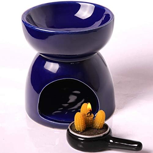 Classic Leaf Carving Blue Ceramic Essential Oil Burner Candle Tea Light Candle Holder Fragrance Essential Wax Burner, Great Candle Lamps Decoration for Living Room, Balcony and Garden