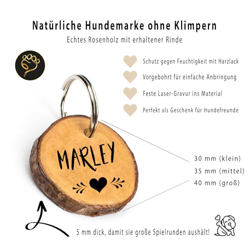 Natürliche Hundemarke aus Holz mit Gravur personalisiert | Echtes Rosenholz mit Rinde, geräuschlos am Halsband | Rückseite mit Telefonnummer, Adresse, Datum - Geschenk für Hundehalter