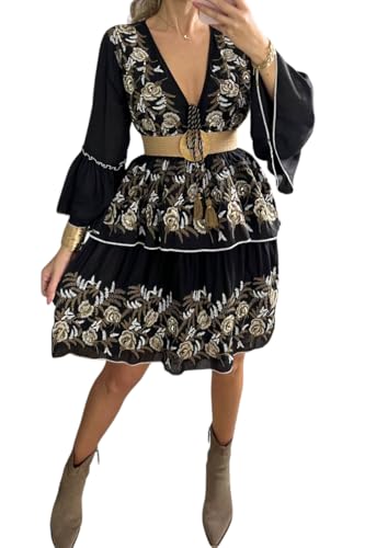 Robe bohème mini blanche brodée fleur rose doré pour femme à manches longues cloches