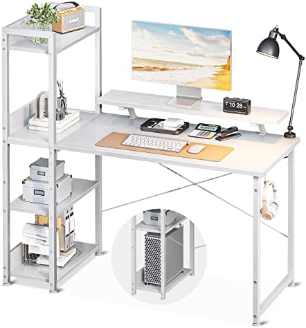 ODK Computer Desk with Storage Shelves and Monitor Stand, 40 Inch Writing Desk with Bookshelf, Reversible Study Table for Home Office, Small Space Bedroom, White