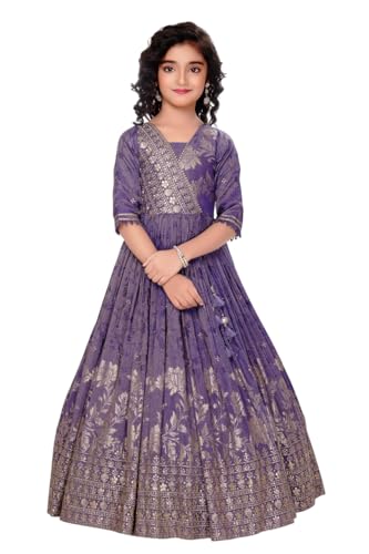 Image of White Button Girls Banaras Weaving Simar Jacquard Gown | Royal Ethnic Long Maxi Dress