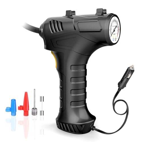 Cordless Tyre Inflator Air Compressor, 12V USB Rechargeable Battery 150PSI Portable Car Tyre Pump, Electric Digital Tyre Pump with LED Light and 3 Nozzle Adaptors for Car Motorcycle Bicycle