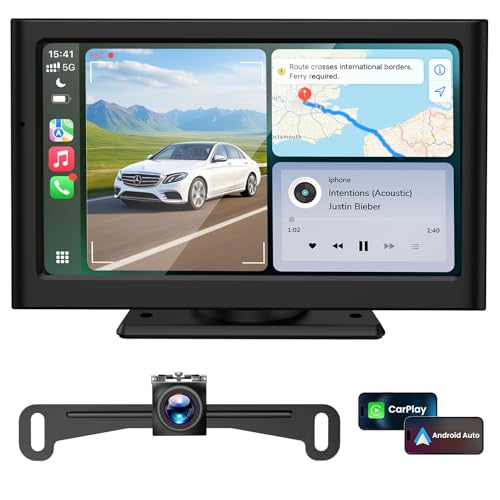 Portable Carplay Car Screen for Apple: 7 Inch Android Auto - Touch Screen Wireless Car Play with Backup Camera, Car Audio Receivers with Voice Control, GPS Navigation, Bluetooth, Mirror Link, FM, Siri