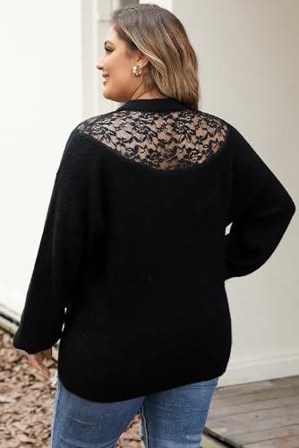 Women's Black Plus Size Ribbed Knit Lace Splicing High Neck Sweater3