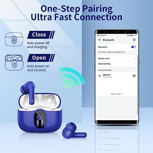 Wireless Earbuds, Bluetooth 5.3 Headphones In Ear with 4 ENC Noise Cancelling Mic, 2023 Bluetooth Earphones Mini HI-FI Stereo Sound, LED Display Wireless Headphones 36H Playtime IP7 Waterproof, Blue