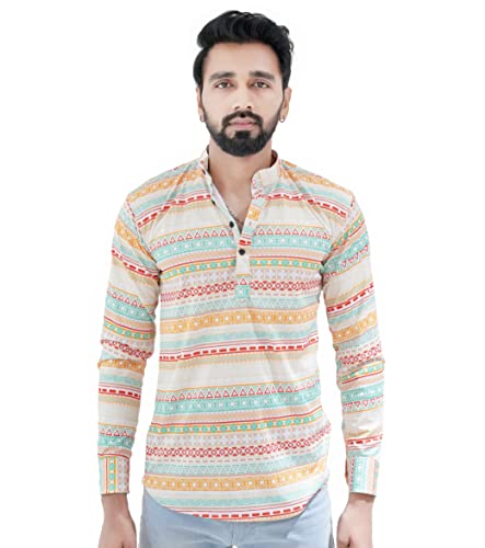 Image of Men's Casual Lycra Digital Print Cotton Blend Regular Full Sleeves with Mandarin Collar Kurta - Combo of 3, Yellow | C3 Y Multi GY