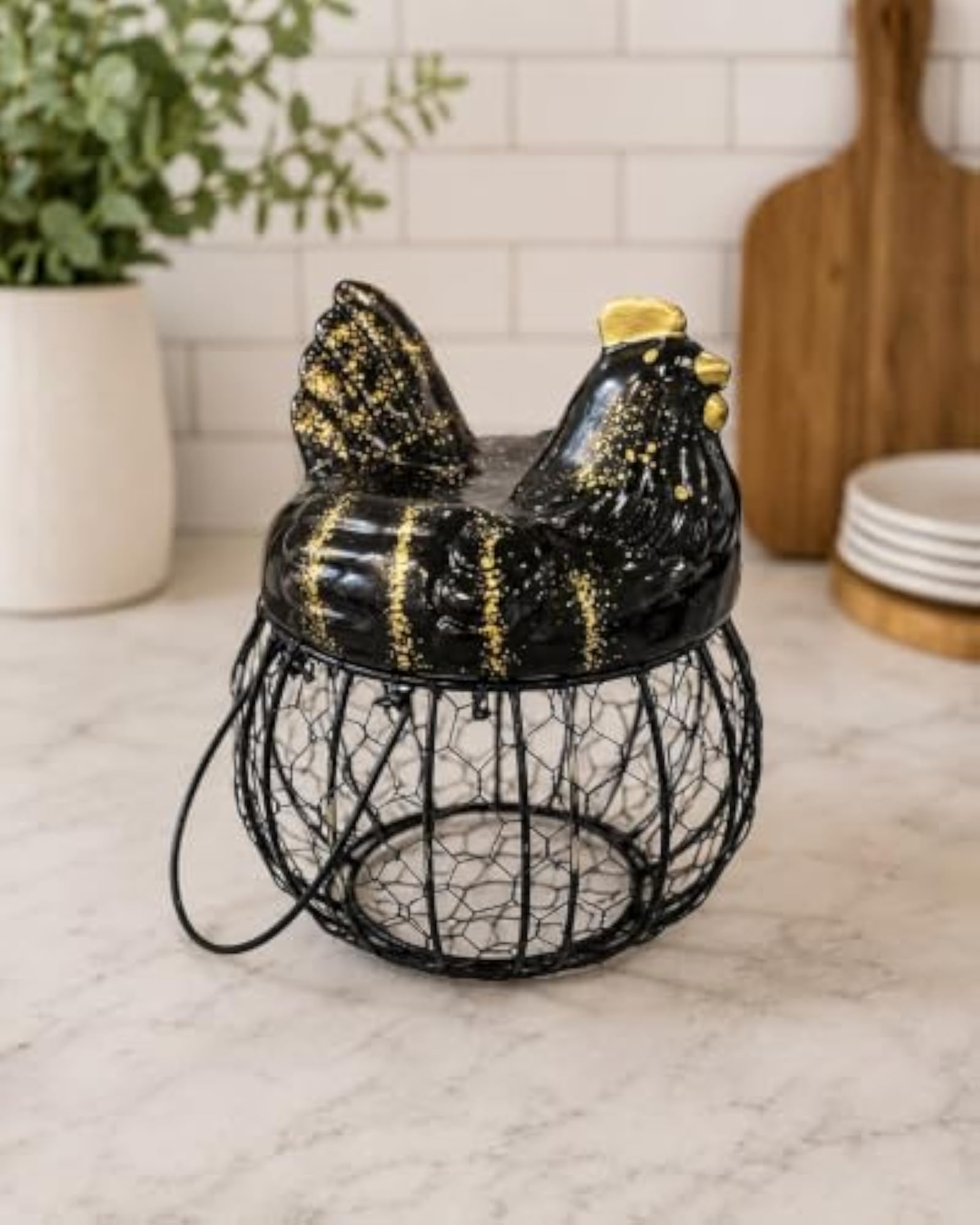 Decorative Chicken Egg Basket with Ceramic Metal Wire Storage