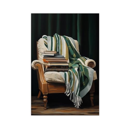 Books on Chair Green Striped Cozy Reading Nook Book Stack