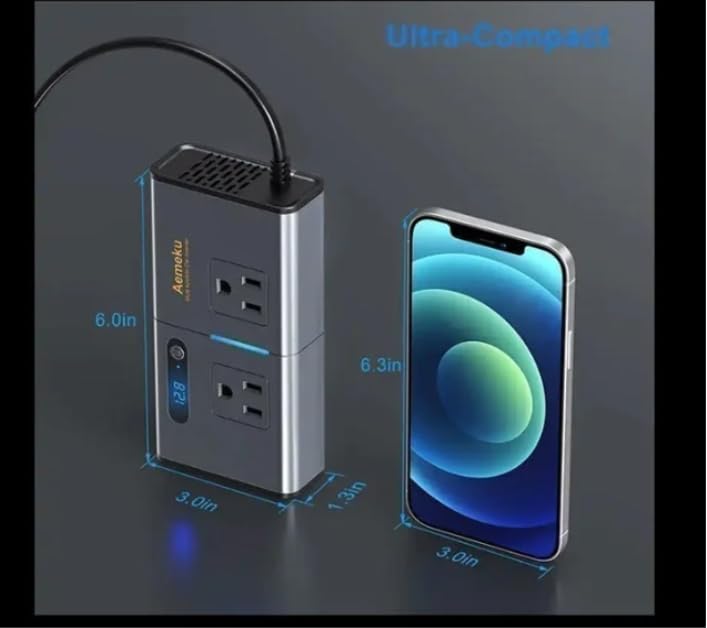 Amekeu Power Inverter 200W Metal Car Charger Adapter Fast Charging 12V to 110v pd 4 USB Ports(2.4A USB+1.2A USB+QC3.0+30W Type-C) and 2 AC Outlet, only for DC 12V