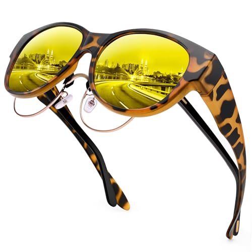 URUMQI Night Vision Driving Glasses Fit Over Eyeglasses for Women Cat Eye, Anti Glare Polarized Nighttime Glasses Yellow Lens