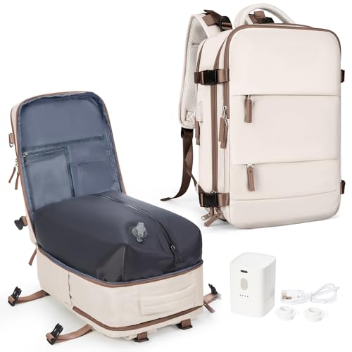 Image of coowoz Vacuum Backpack Travel with Pump,Travel Backpack with Vacuum System For Women Men,Carry On Backpack,Hiking Backpack Waterproof Outdoor Sports Rucksack Daypack,30L(Vacuum pump) Beige Brown