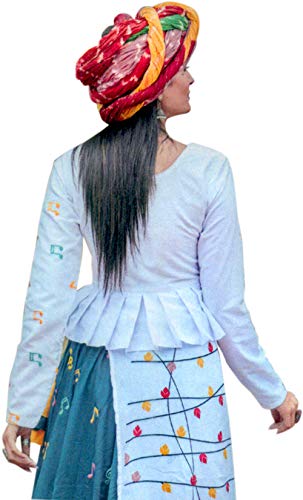 Lehenga chulí de paplam de Gujarat blanco y verde mar bordado musical L 2