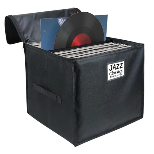 Bonnary Vinyl Record Storage Box, Waterproof Organizer Storage with Lid & Handles for 90 (12-inch) Single Records, Foldable Organizer for Valuable Album Collection