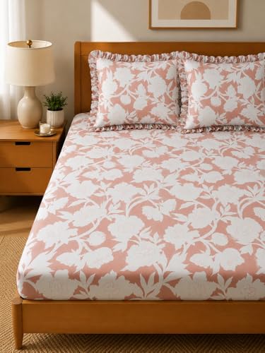 Image of 350 TC Premium Heavy Cotton Feel Elastic Fitted Bedsheet King Size with 2 Frill Pillow Covers King Size || Double Bed with All Around Elastic (PinkFloral, Queen)