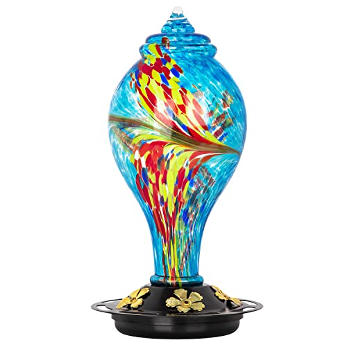 KGDJS Hummingbird Feeder for Outdoors, 42 oz Large Hand Blown Glass Humming Bird Feeder, Leakproof Humming Wild Bird Feeders for Outdoors Hanging with S Hook, Brush, Hemp Rope