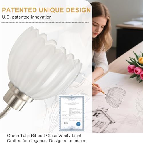 Image of Bathroom Light Fixtures(3-Light, 20 Inch), Brushed Nickel Vanity Lights for Bathroom with Ribbed White Tulip Glass Shade, Vintage Vanity Wall Lights for Mirror Bedroom Living Room Hallway
