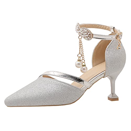 Women's Fashion Glitter Kitten Low Heel D'Orsay Pumps Pointed Toe Bow Pearls Wedding Party Sandal Shoes