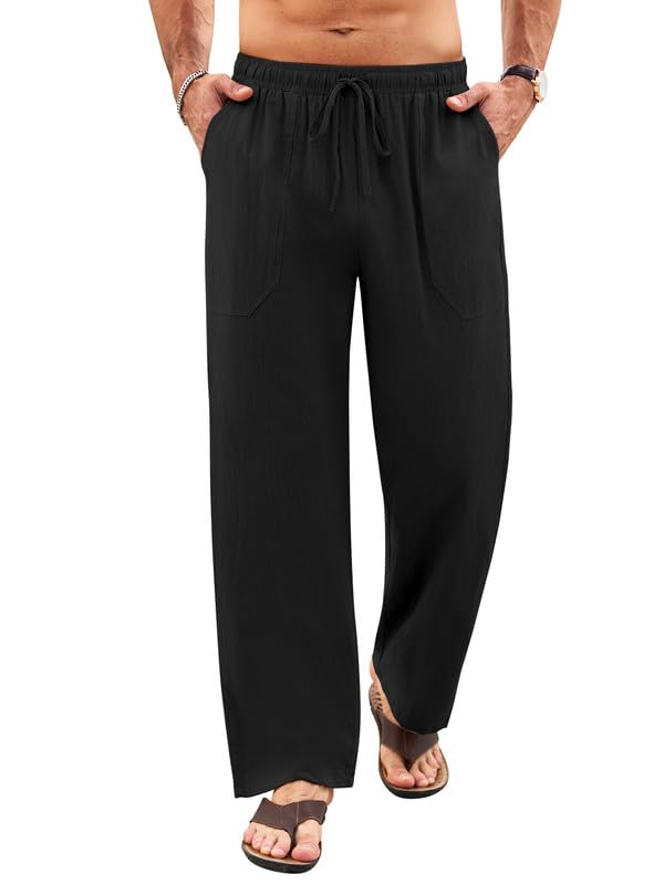 Litthing Pantalones de Lino para Hombre Pantalon de Jogging Algodón Pants Casuales de Verano con Bolsillos Color Sólido Pantalones Holgados con Cordón Pantalon Cómodos y Ligeros