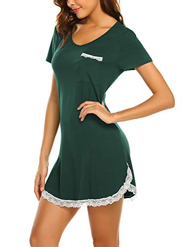 Ekouaer Sleepwear Womens Sexy Nightgown Lace Trim Sleepshirt Lounge Dress Nighties (Dark Green,3XL)