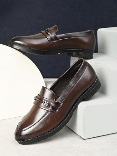 Image of STANPHORD Men Formal Loafer Shoes | Metal Accent Slip-On Moccasins | PU Leatherette Cushioned Anti-Slip | Office Party Business Casual Wear (TPSL 25024)