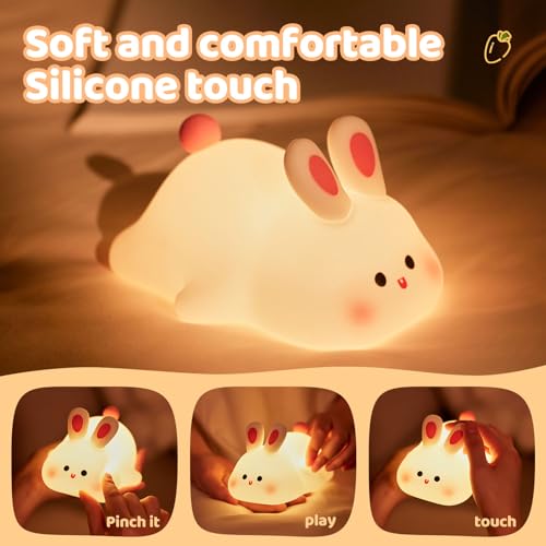 Image of Rytinazzz Silicone Night Light for Kids, 50H Long Battery Big Face Rabbit Lamp, Gift for Kids, Soft Dimmable Bedside Light, Rechargeable Tap Control