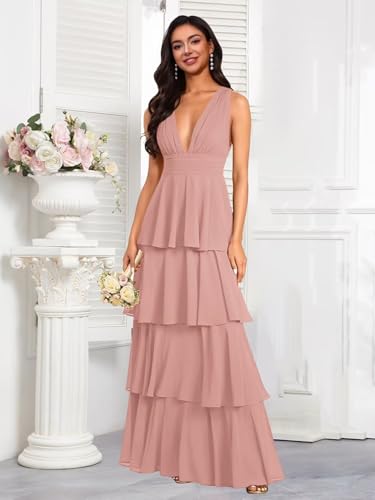 VGZ Tiered Chiffon Bridesmaid Dresses for Women V Neck Long Ruffle Formal Evening Dress2