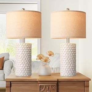 PARTPHONER 23″ Modern Ceramic Table Lamp Set of 2, Table Lamps for Living Room, Rustic Farmhouse Bedside Lamps Nightstand lamp for Bedroom, White Desk Lamp for End Table Home Decor Beige