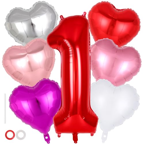 Image of 40 Inch Red Number 1 Balloon, Foil Heart Balloons for 1st Birthday Decorations, 1st Birthday Balloon Set for Valentine's Day Wedding Anniversary Baby Shower Decorations
