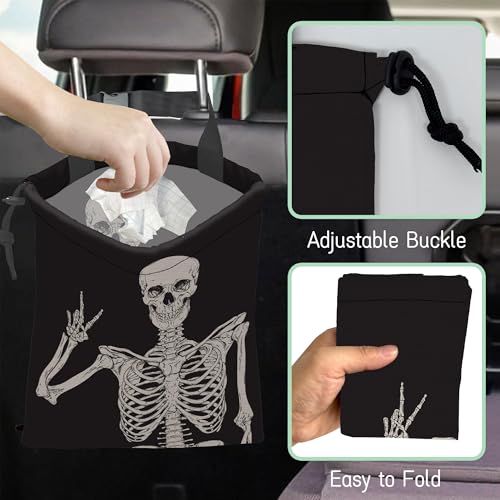 Image of Skull Car Garbage Bag,Human Skeleton Waterproof Small Car Trash Bag Hanging Back of Seat,Drawstring Hanging Car Trash Bag with Adjustable Buckle for Car Accessories