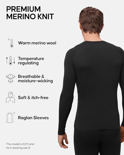 DANISH ENDURANCE Camiseta Térmica Manga Larga para Hombre, Capa Base Lana Merino, con o Sin Cremallera, Negro, L