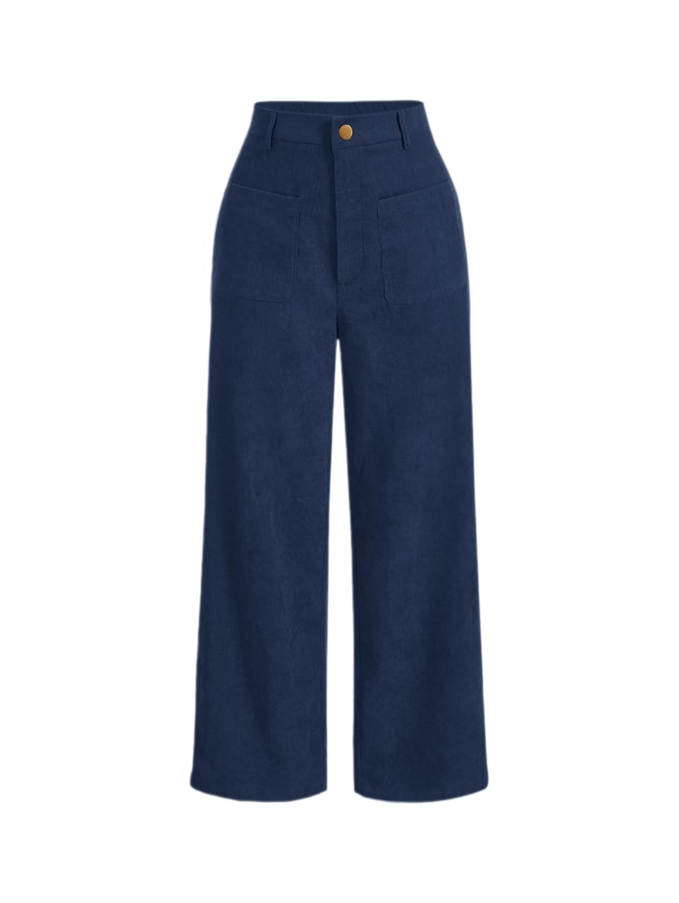 Womens Solid Patch Pocket Corduroy Mid Rise Wide Leg Pants Baggy Spring Break High Waist Button Detail