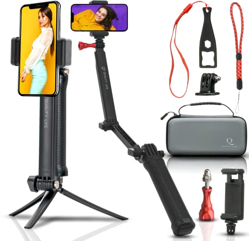 Quality Life Kit Selfie Pro Action Camera & Smartphone - Bâton Selfie Stick, Trépied Smartphone et Caméra - Béquille Trépied 3 en 1 Professionnel, Universel, Téléphone portable, Appareil photo