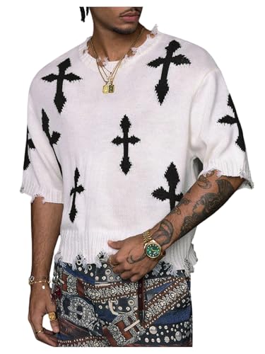 Floerns Men's Cross Print Knitted Sweater Half Sleeve Distressed Pullover Tops