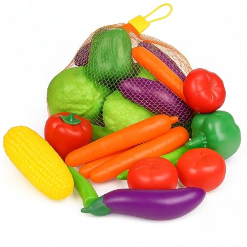 Wooden basket of play plastic vegetables.