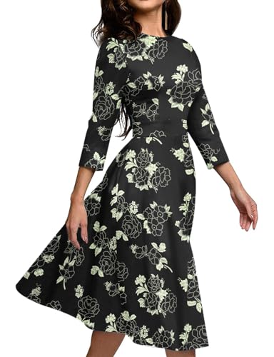 Image of Simple Flavor Women's Floral Vintage Dress Elegant Midi Evening Dress 3 /4 Sleeves