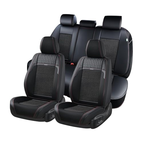 FLORICH Coprisedili per Auto, Tessuto Traspirante e Pelle Nappa Coprisedili Anteriori e Posteriori 5 PZ, Set Completo Universale Adatto per La Maggior Parte delle Auto, Berline, SUV e Camion