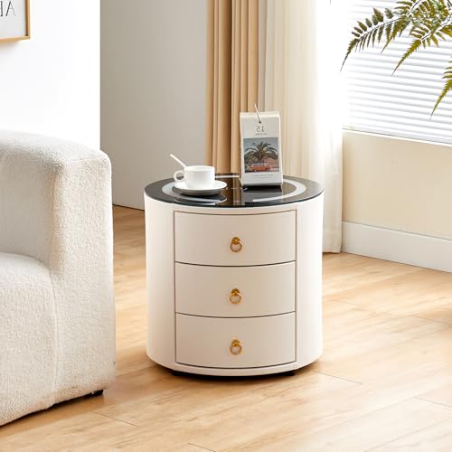 TUKAILAi Table de Chevet Ronde avec 3 Tiroirs, Table de Chevet Connectée, Table de Nuit Ronde Blanche Intelligent, Table d’Appoint Chargeur Telephone sans...