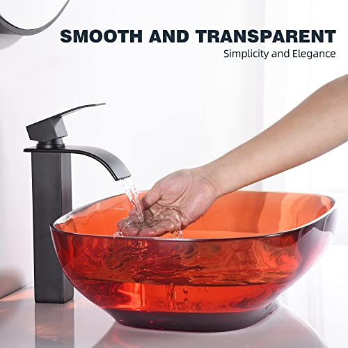 Bathroom Oval Resin Vessel,Heisok 20.27" X 14.17" Red Vessel Sink Above Counter Artistic Vanity Sink Translucent Bathroom Sink,Waterfall Single Hole Faucet With Pop-Up Drain #TOP2