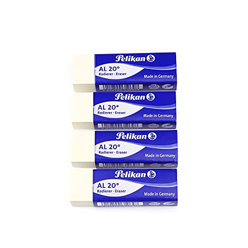 Pelikan Goma de Borrar AL 20 Color Blanco, Adecuada para Dibujo Técnico y Escolar, Goma para Lápiz, Escuela y Oficina, Apto para Niños, Blíster de 4 Piezas, Tamaño 65x21x12mm