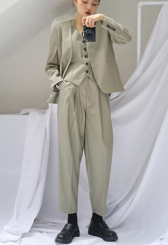 Women's 3 Pieces Set Suit Collarless Jacket V-Neck Vest Pants Business Work Office Lady4