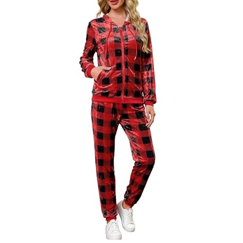 Womens 2 Piece Sweatsuits Set Velvet Long Sleeve Zip Up Track Suits Jogging Suit Red+black Large