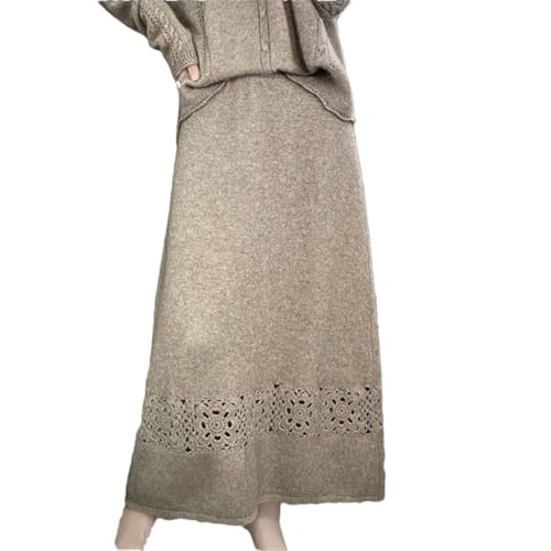 Women A-Line Knitted One-Step Umbrella Thicken Hook Flower 100% Merino Wool Cashmere Skirt Lighttan XL