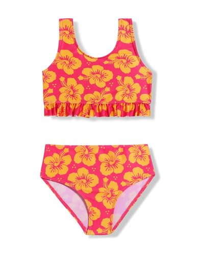 Arshiner Girls 2 Piece Swimsuits Teen Bathing Suit Kids High Waisted Bikini Padded Tankini Summer Beach Swimwear Set (Size 14-16, Orange Hibiscus Print)