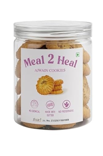 Meal2Heal Ajwain Cookies | Digestive Indian Biscuits with Carom Seeds | Whole Wheat Cookies | Tea Time Snack | No Palm Oil | 100% Vegetarian | 200g