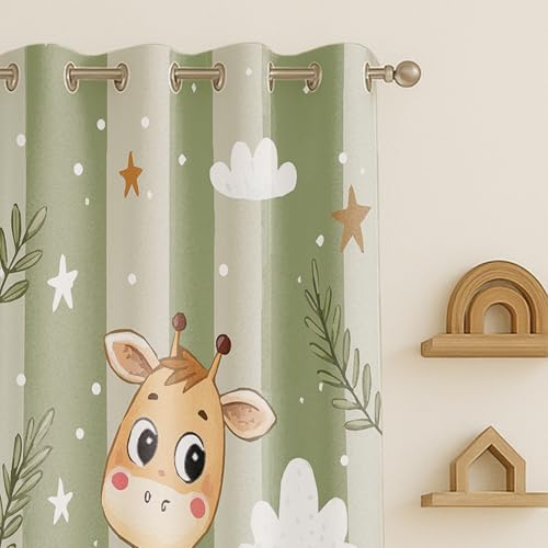 Image of STITCHNEST Velvet Kids Curtains Pack of 2 | Cartoon Giraffe in Dress Print | Semi Blackout Curtains for Nursery, Baby & Toddler Room | 7 Feet