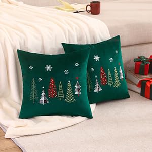 Tosleo Christmas Embroidery Throw Pillow Covers 20 x 20 inch Set of 2 Velvet Pillowcases Forest Green Christmas Trees Cushion Pillow Cases Soft Square Holiday Pillowcase - Image 2