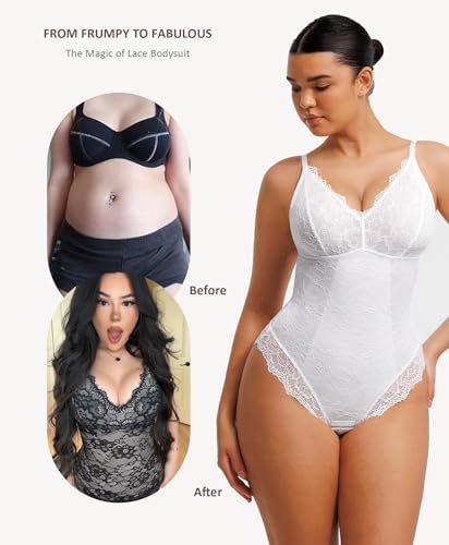 Image of FeelinGirl Shapewear Bodysuits for Women Lace Shapewear Tummy Control V-Neck Sleeveless Bodysuit Tops Jumpsuit