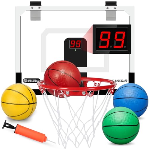 Pro Indoor Mini Basketball Hoop Set, Wall Mount Automatic Scoring Basketball Hoop with 4 Rubber 16CM Ball